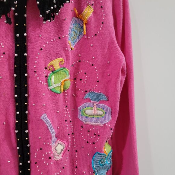 Jack B Quick Womens Full Zip Sweater Size Medium Pink Embroidered Perfume Bottle - Picture 5 of 9